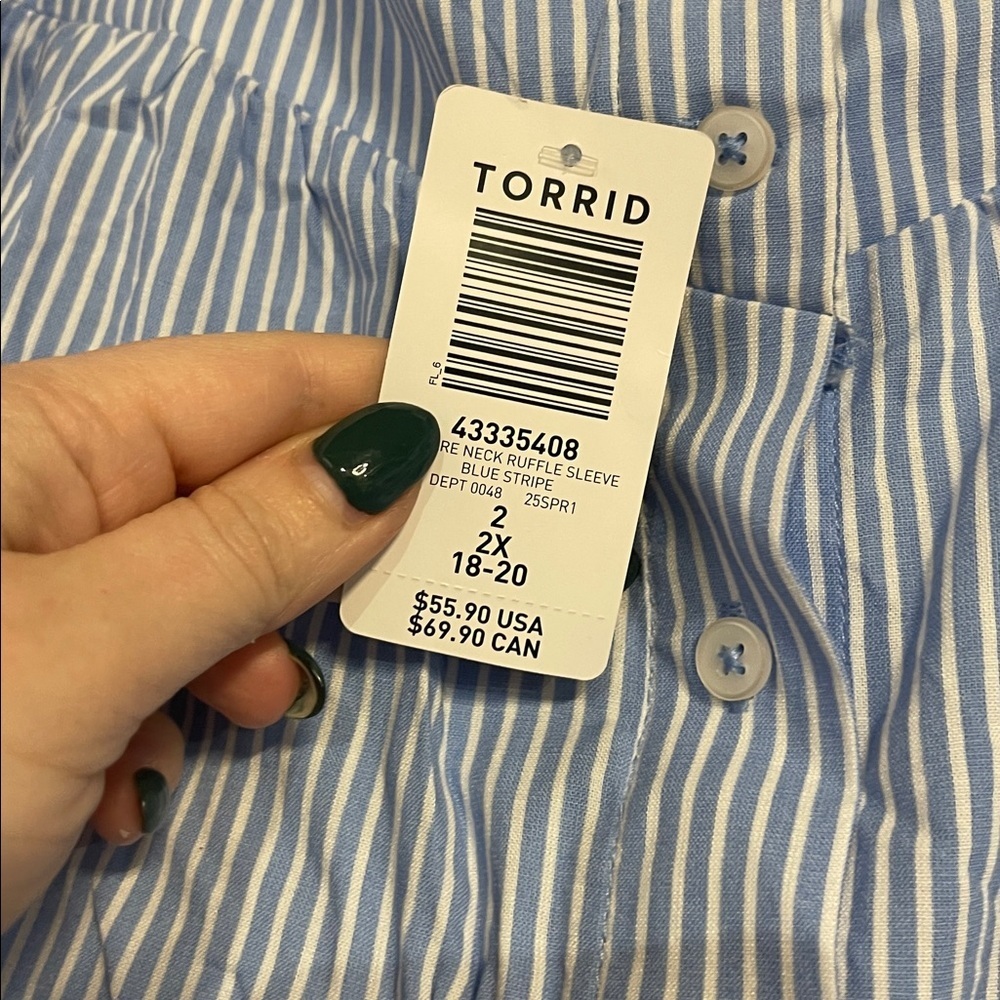 TORRID WOMENS RUFFLE TRIM STRIPED BLOUSE BLUE WHITE 2X NEW WITH TAGS - Picture 4 of 6